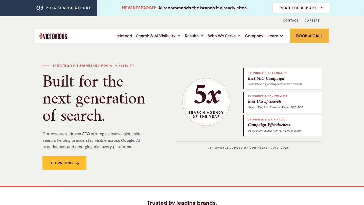 Victorious homepage for its SEO agency