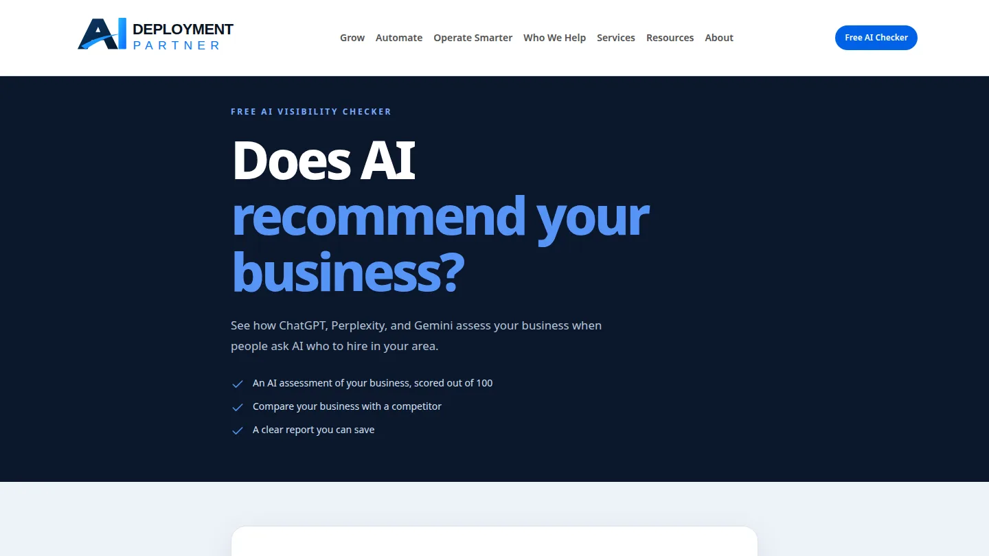 AI Deployment Partner free AI visibility checker page with the check form
