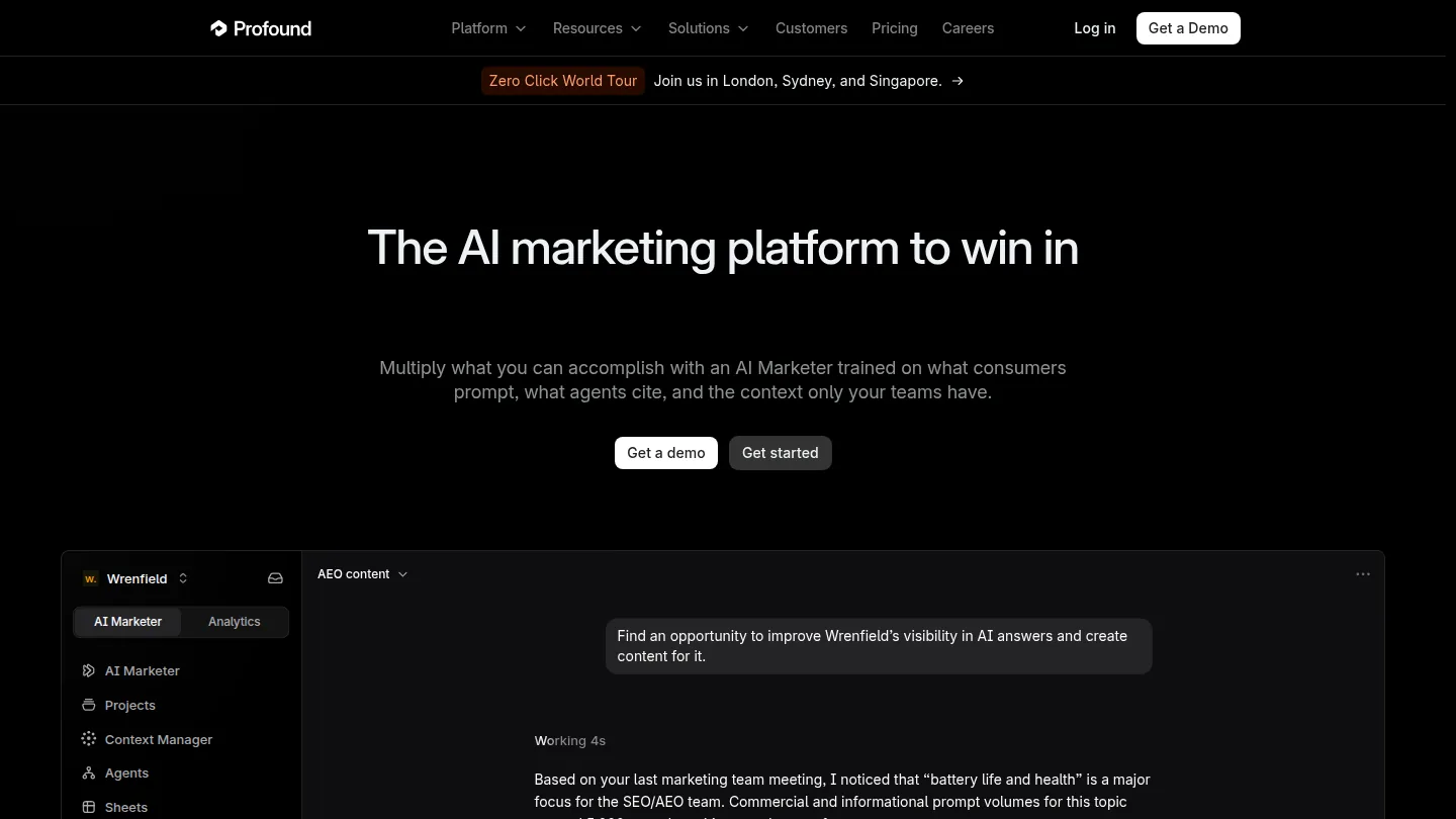 Profound homepage with its AI Marketer product interface