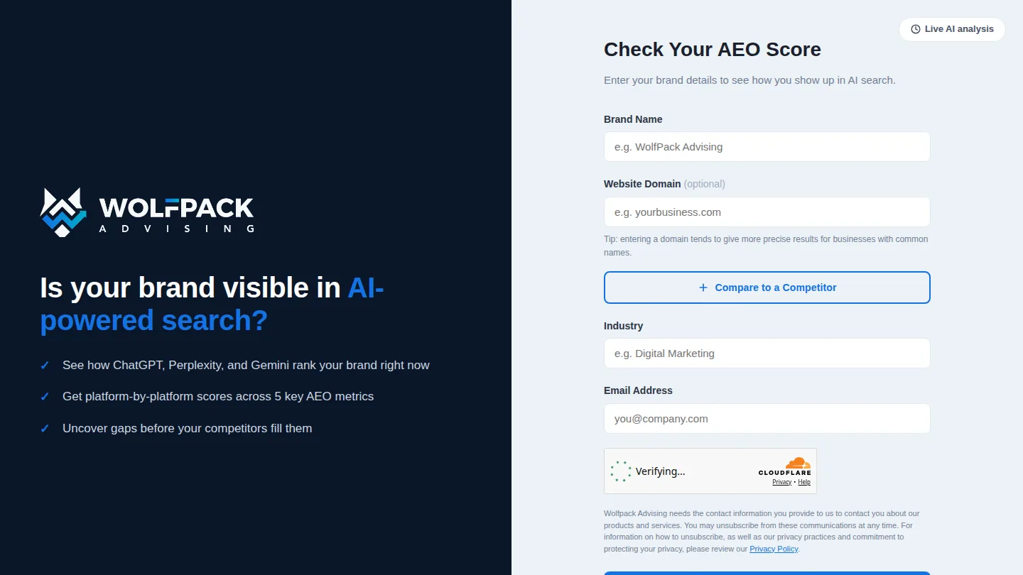 WolfPack Advising AEO Grader page with the Check Your AEO Score form