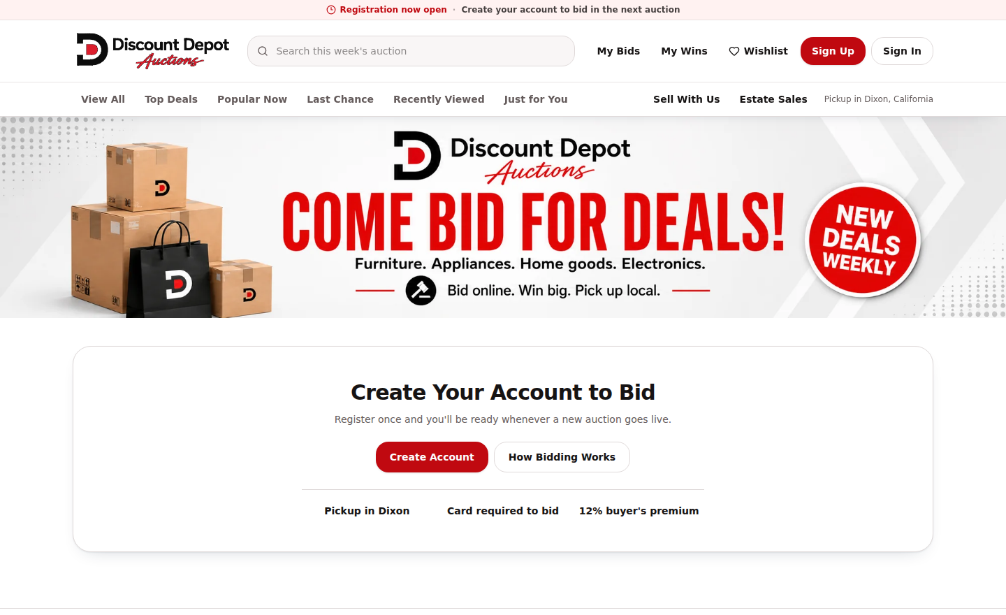 Screenshot of Discount Depot Auctions' actual public auction website