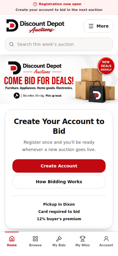 Actual Discount Depot Auctions public mobile homepage, showing the responsive navigation and auction signup